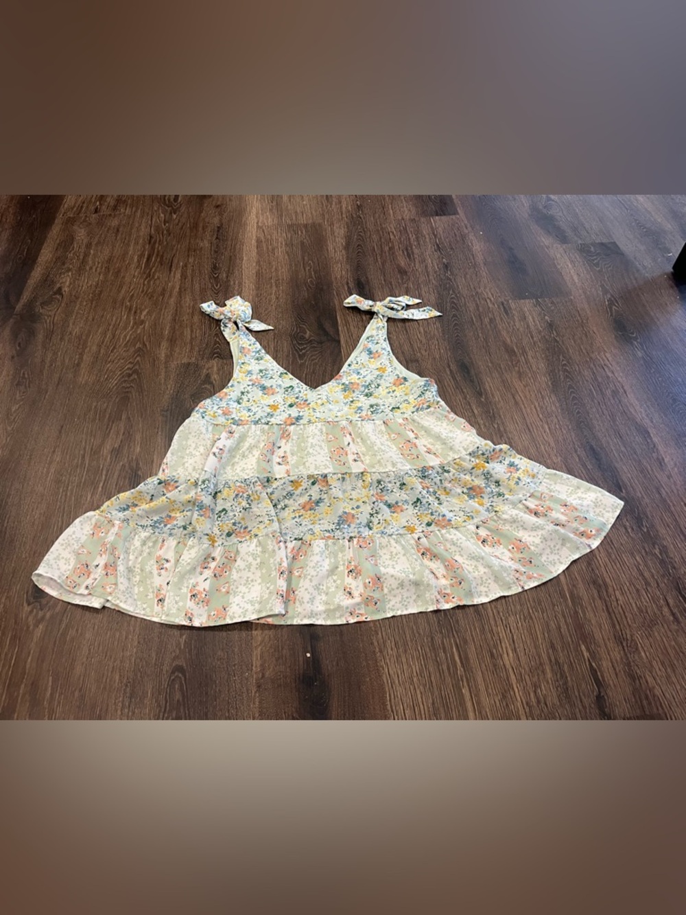 Floral Tie-Strap Tiered Camisole in Pastel Blue and Peach